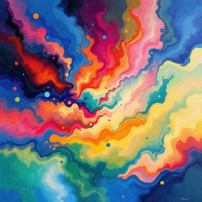 The primary subject of the image is a colorful, abstract painting featuring a variety of colors and patterns. The setting is a wall, and the visual style is a combination of digital art and illustration. The dominant colors and overall atmosphere of the painting are vibrant, lively, and energetic.